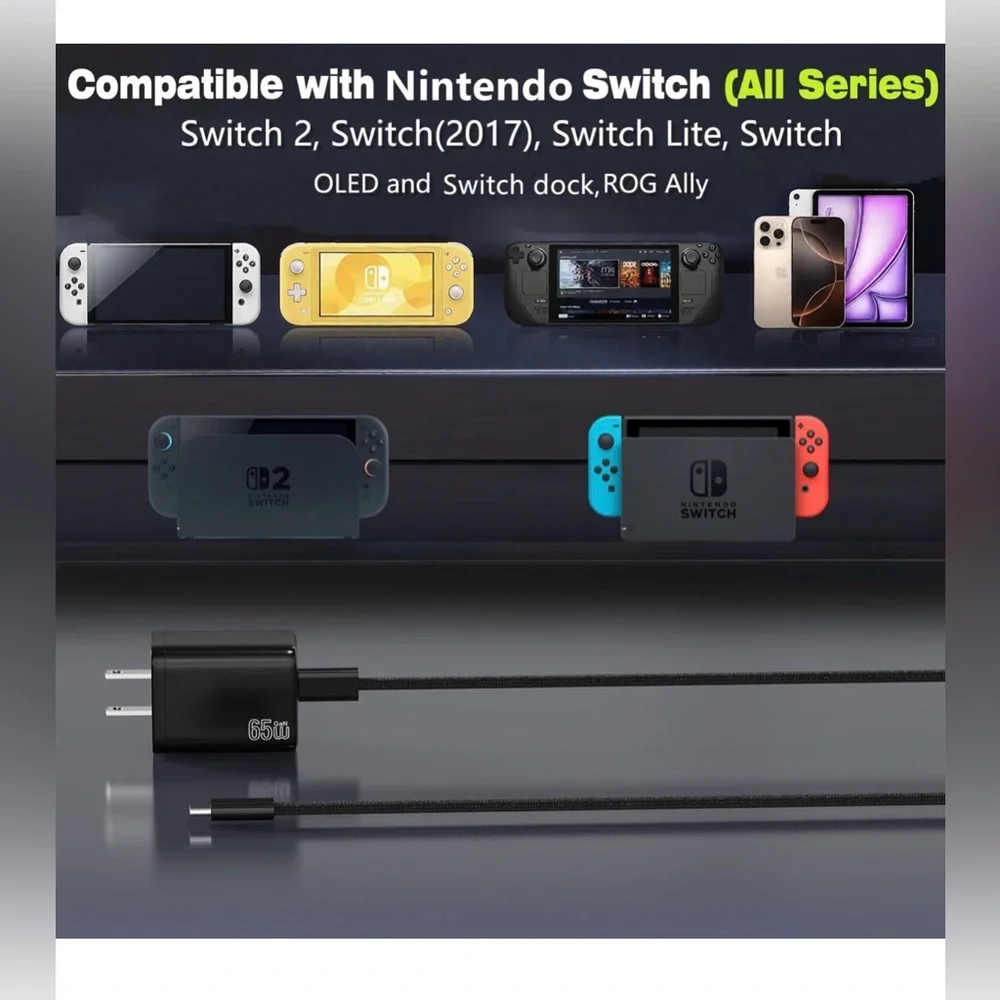 65W USB-C Charger For Nintendo Switch (All Series) with 10ft Fast Charge Cable